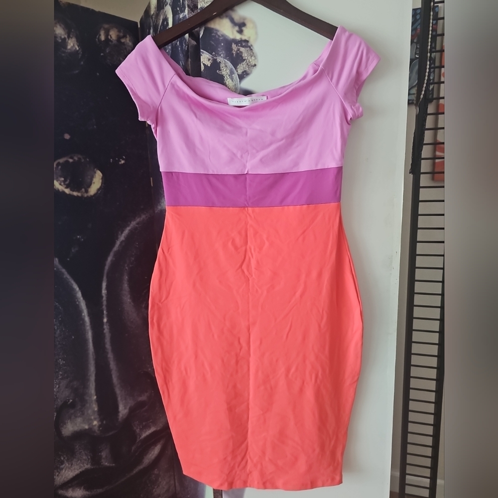 Susana Monaco‎ Off The Shoulder Pink Orange Purple Colorblock Bodycon Dress sz L